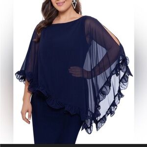 XSCAPE navy blue mini dress with a ruffled cape overlay.